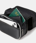 Waterproof Bike Frame Bag For On The Go Riders Front Beam Saddle Storage Pouch with phone and wallet inside, black, front view