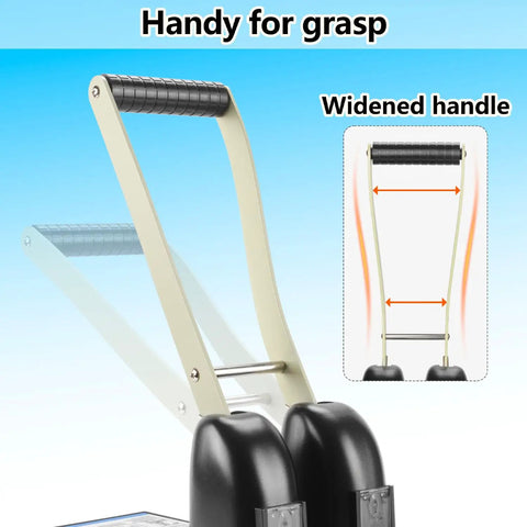 Close-up of metal power puncher with a long lever widened handle, designed for heavy duty two hole paper punch for binders up to 150 sheets.