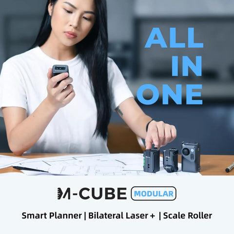 Woman using Modular Rechargeable Laser Meter With Bilateral Beam And Bluetooth Featuring Four Hella Handy Modules with scale roller.