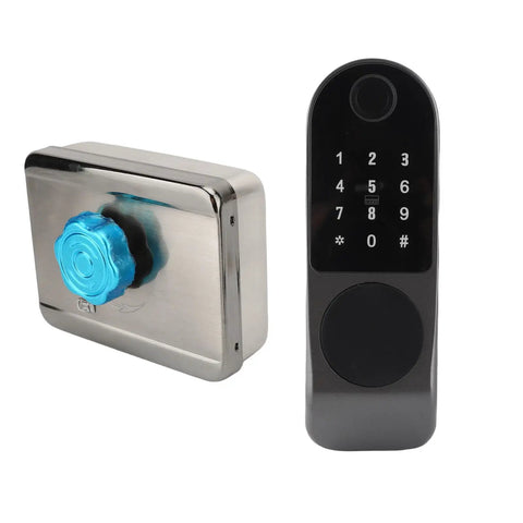 Rock Hard Aluminum Alloy Smart Deadbolt Featuring Rapid Fingerprint Reader, showcasing sleek design and keypad access.