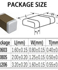 Diagram showing 960 Piece SMD Capacitor Kit 0603 0805 1206 MLCC Assortment dimensions with table of sizes