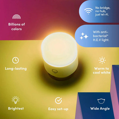 Smart LED Light Bulb 2 Pack With Wi Fi Full Color RGBW 1100 Lumens Antibacterial HEV Mode diagram highlighting features