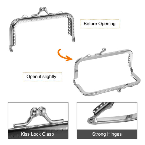 12 Pack Metal Purse Frames With Vintage Arch Kiss Lock Clasp Embossed Silver for purse making shown before and slightly opened