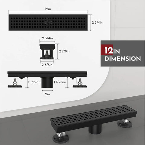 12 Inch Linear Shower Drain With Rectangular Floor Drain Grate Matte Black SUS304 Stainless Steel Square Hole Pattern Cover Removable Grate CUPC Certified Includes Accessories Fits Standard US No Hub Bases diagram and product image