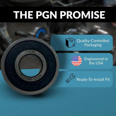 Four Pack 6201-2RS Chrome Steel Sealed Ball Bearings With Rubber Seals, Lubricated for High RPM Performance, in packaging.
