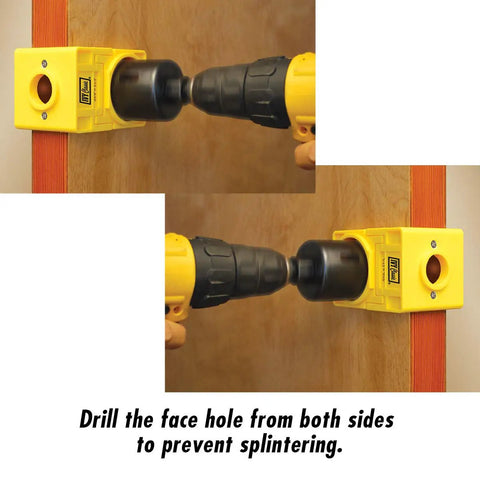 Pro Level Carbon Steel Lock Installation Kit With Adjustable Guide Template For Wood Doors drill setup preventing splintering.