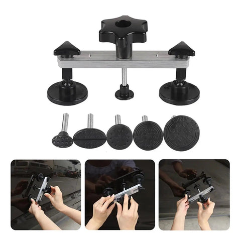 Auto Body Dent Repair Kit With Paintless Dent Puller And Suction Cup Tools, showing tools and hands using the dent puller.