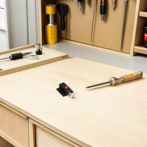 8 Pack Push Latches for Cabinets and Drawers With Spring Lock, durable ABS, shown on a workbench with tools