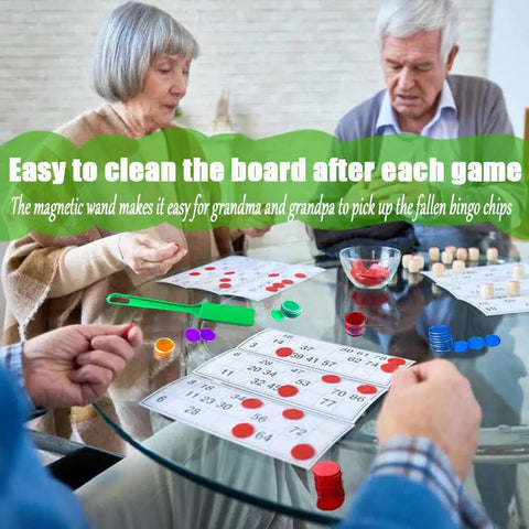 Family playing bingo with Magnetic Wand Set With 100 Multicolor Metal Ringed Discs And Bingo Chips STEM Learning Kit