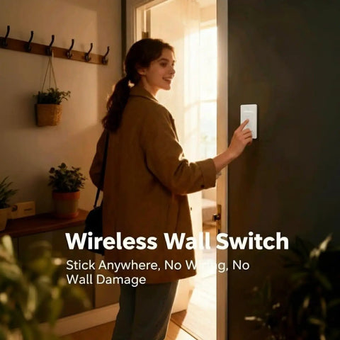 Person using Two Pack Mini Wireless Remote Outlet Plug Adapter With Remote 2 Channel Wall Switch 656ft Range For Indoor Lamps