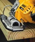 Slick 20V Max Cordless Jigsaw Kit With 4.0 Ah Battery And Fast Charger on wood, showing cutting guide and precision features.