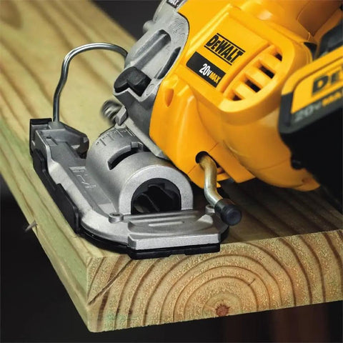 Slick 20V Max Cordless Jigsaw Kit With 4.0 Ah Battery And Fast Charger on wood, showing cutting guide and precision features.