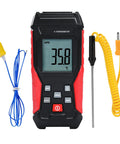 Front view of black/red JuviPerpric digital K-type thermometer with LCD display and two probes