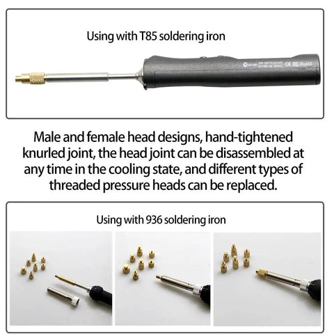 Hot Melt Heat Set Insert Tool Kit with Brass Knurled Nuts for M2 to M8 Tips shown with T85 and 936 soldering irons