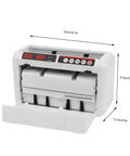 Portable Battery Powered Bill Counter With UV And MG Detection, 800 Bills Per Minute, with dimensions and open bill tray