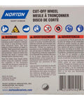 Norton cut-off wheel box (back view), 5-pack, Saint-Gobain logo and safety icons.
