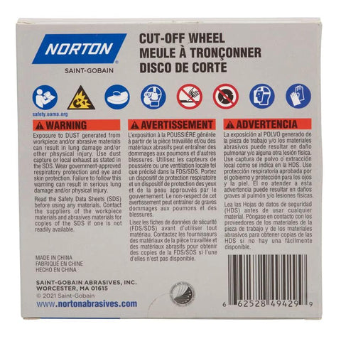 Norton cut-off wheel box (back view), 5-pack, Saint-Gobain logo and safety icons.