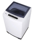 Compact 3.0 Cu Ft Top Load Washer In White Featuring Quick Wash Cycles Three Water Levels And Wrinkle Free Care, top view with control panel.