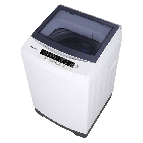 Compact 3.0 Cu Ft Top Load Washer In White Featuring Quick Wash Cycles Three Water Levels And Wrinkle Free Care, top view with control panel.