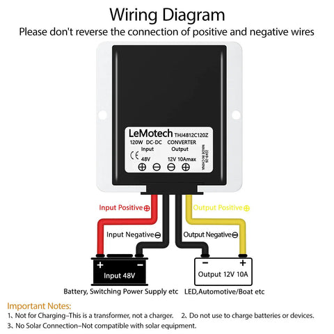 Wiring diagram for Heavy Duty DC Step Down Converter 48V To 12V And 72V To 12V, showing input and output connections.