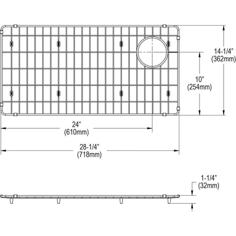 Bottom Grid For Stainless Steel Sink 28 1/4 X 14 1/4 X 1 1/4 Inches diagram showing dimensions and footed design.