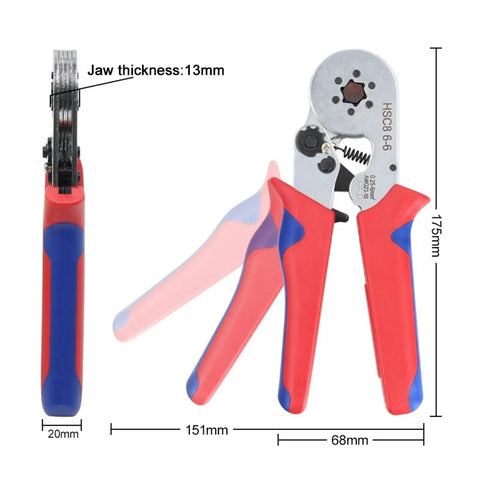 Kickstart Your Electrical Jobs With These Precision Mini Adjustable Ratchet Crimping Pliers Featuring Square Hexagon Terminal Ferrules For Wide Wire Compatibility And Serious Labor Saving Efficiency On Any Home Project Today. 151mm ratchet crimping pliers, red-blue handles, 13mm jaw