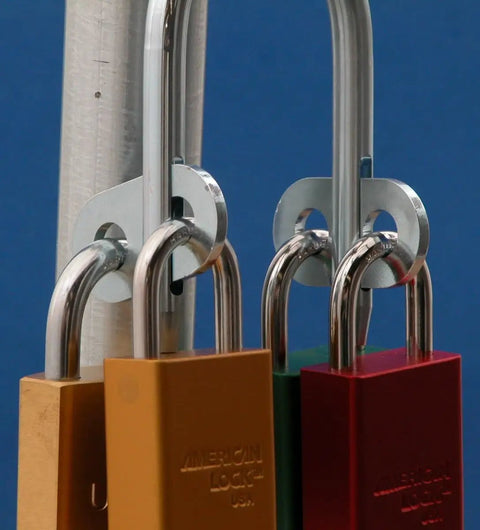 Heavy Duty Multi User Padlock Holder Provides Solid Gate Or Door Security Supports Four Independent Keys with multiple colored locks.