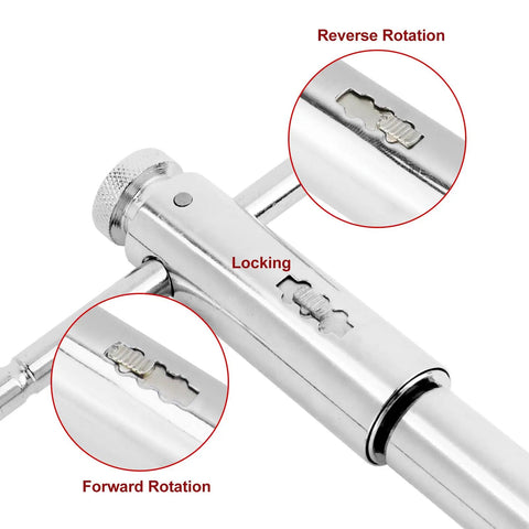 Adjustable Ratchet Tap Wrench For M5 To M12 Taps Extended T Handle Tap Holder with locking, forward, and reverse rotation details