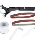 Upgrade Your Angle Grinder With This Solid Belt Sander Converter For Woodworking, includes adapter, sanding belts, and tools.