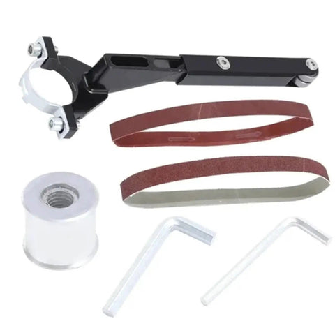 Upgrade Your Angle Grinder With This Solid Belt Sander Converter For Woodworking, includes adapter, sanding belts, and tools.