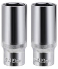 2-Piece 19mm Deep Sockets Set For Three Eighths Inch Drive 6-Point Corrosion Resistant, two chrome sockets close-up