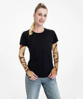 Ultra Comfort Ice Silk Arm Sleeves Featuring Steampunk Cog Graphics, worn by model with black shirt, suitable for gym workouts.