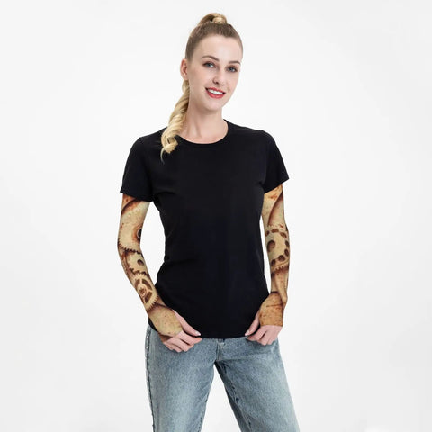 Ultra Comfort Ice Silk Arm Sleeves Featuring Steampunk Cog Graphics, worn by model with black shirt, suitable for gym workouts.