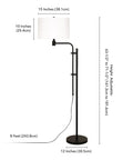 Height Adjustable Floor Lamp With Elongated Fabric Shade In Brushed Nickel Finish, Mid Century Industrial Vibe, dimensions labeled