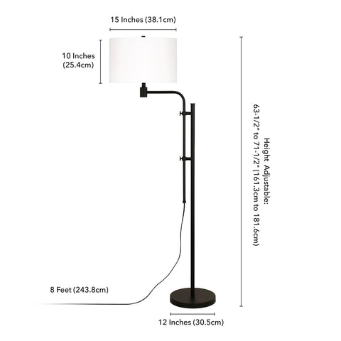 Height Adjustable Floor Lamp With Elongated Fabric Shade In Brushed Nickel Finish, Mid Century Industrial Vibe, dimensions labeled