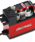 Beefed Up High Torque 400 Digital Waterproof Servo with metal gears, dual ball bearings, and red aluminum center case for RC cars.