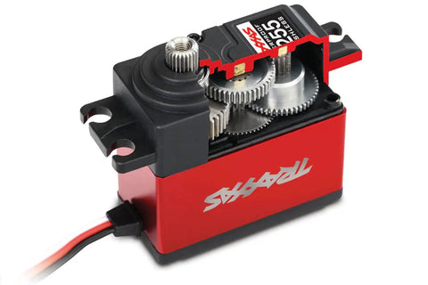 Beefed Up High Torque 400 Digital Waterproof Servo with metal gears, dual ball bearings, and red aluminum center case for RC cars.