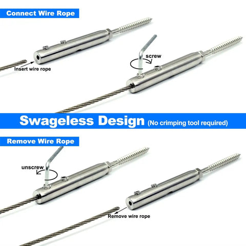 Swageless Cable Railing Hardware Kit For 1/8 Inch Stainless Steel Cables Wood Post Mounts Beefy Left And Right Lag Screws