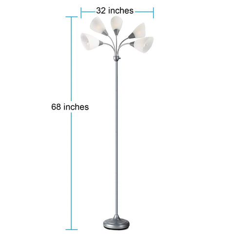 Five Head Medusa Floor Lamp With Large Frosted Shade No Fuss Adjustable Gooseneck Reading Lights E26 A19 Bulb Compatible, 68 inches tall