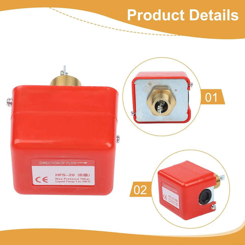 Heavy Duty Paddle Flow Switch Sensor For Water Quality Monitoring In Industrial Settings Built Tough With Rainproof ABS Housing And Precise Flow Detection To Keep Water Oil Flow Under Control. Red ABS body, brass inlet, side and front views