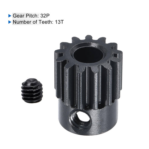 Two Pack 32P Hardened Pinion Gear With 5mm Shaft 13T Carbon Steel for RC model upgrade with visible gear details