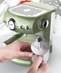 19 Bar Espresso Machine With Milk Frother brewing coffee, person frothing milk, green design on kitchen counter