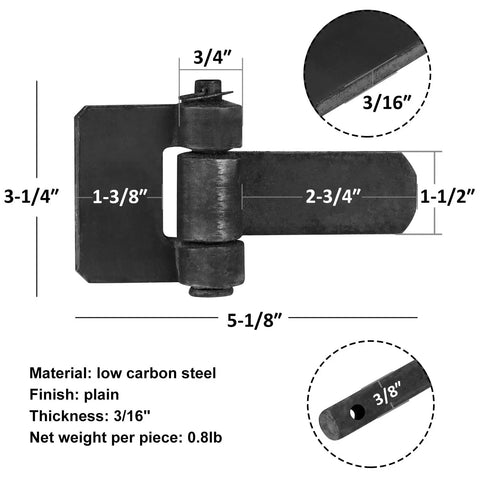 Detailed view of Six Pack Heavy Duty Weld On Door Hinges Long Leaf Design in low carbon steel with measurements.