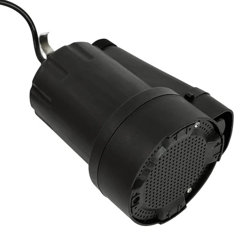 No Hassle Submersible Utility Pump Moves Water Like A Champ With Strong 1/5 Hp Motor Transfers Pond Or Basement Liquid Fast Up To 1600 Gph Includes 10 Ft Cord And Garden Hose Adapter Thermoplastic Shell Black, top view of black pump.