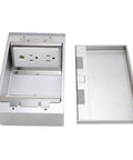 Slick Access Recessed Floor Electrical Outlet Kit Featuring Dead Simple Spring Loaded Lid And Flat Concealed Duplex Receptacle For Top Shelf Tile And Marble Floors, showing stainless steel frame with outlet.