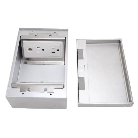 Slick Access Recessed Floor Electrical Outlet Kit Featuring Dead Simple Spring Loaded Lid And Flat Concealed Duplex Receptacle For Top Shelf Tile And Marble Floors, showing stainless steel frame with outlet.