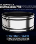 Six Inch Shielded Below Ground Sewer Pipe Coupling For Clay To Cast Iron Or Plastic Waste Lines Heavy Duty Stainless Steel Wrap shown from the side.