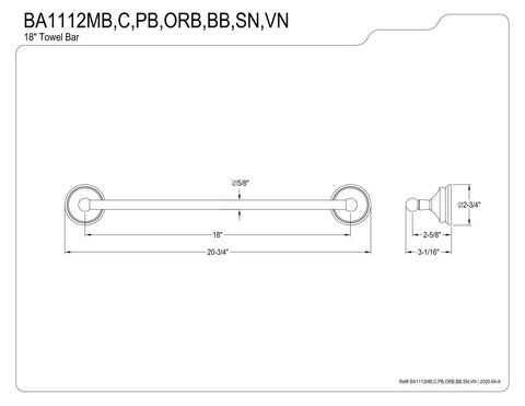 Technical drawing of Victorian 18 Inch Towel Bar in Polished Chrome with Brass Construction, wall mount, traditional style.