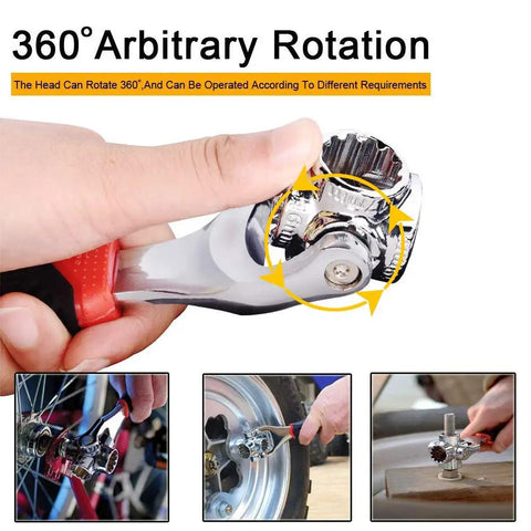 52 In 1 Socket Wrench Kit With 360 Degree Rotating Head for Home and Auto Repairs, shown adjusting bolts on various surfaces.