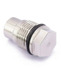 Fuel rail plug valve, stainless steel with hex head, M20x1.5 thread, side view